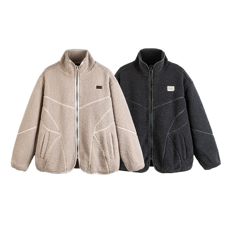 Unisex Teddy-Fleece-Bomber Jacket with Stand Collar and Geometric Seam Design Chichicherry