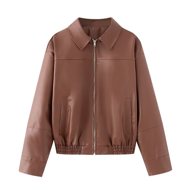 Women Boxy Faux Leather Blouson Jacket with Shirt Collar, Zipper and Elastic Hem Chichicherry