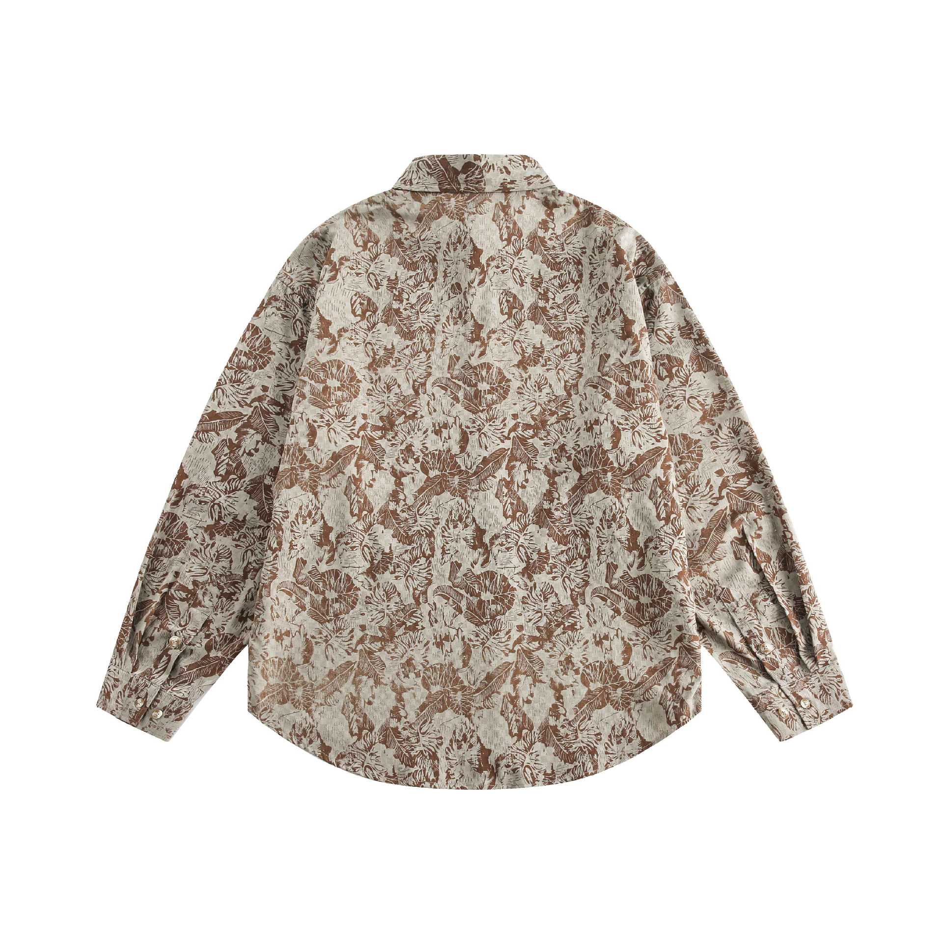 Unisex Oversize Shirt in Linen Style with Allover Floral Pattern and Rounded Hem