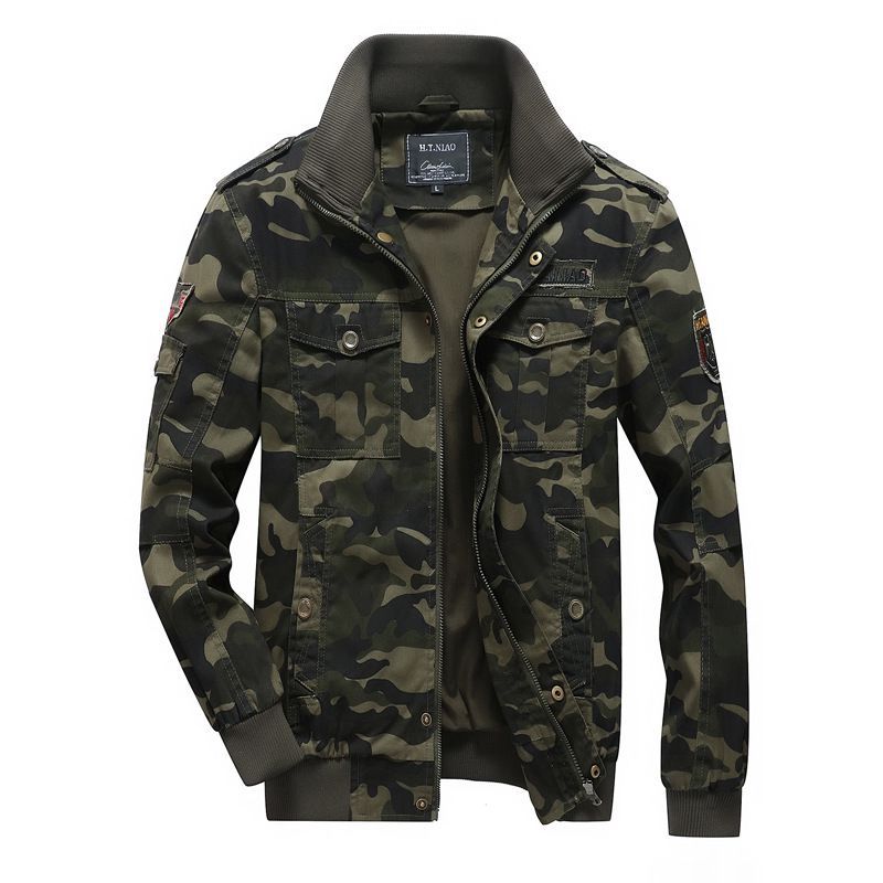 Men's Camo Utility Bomber Jacket with Stand-Up Collar, Multiple Pockets and Ribbed Cuffs Chichicherry