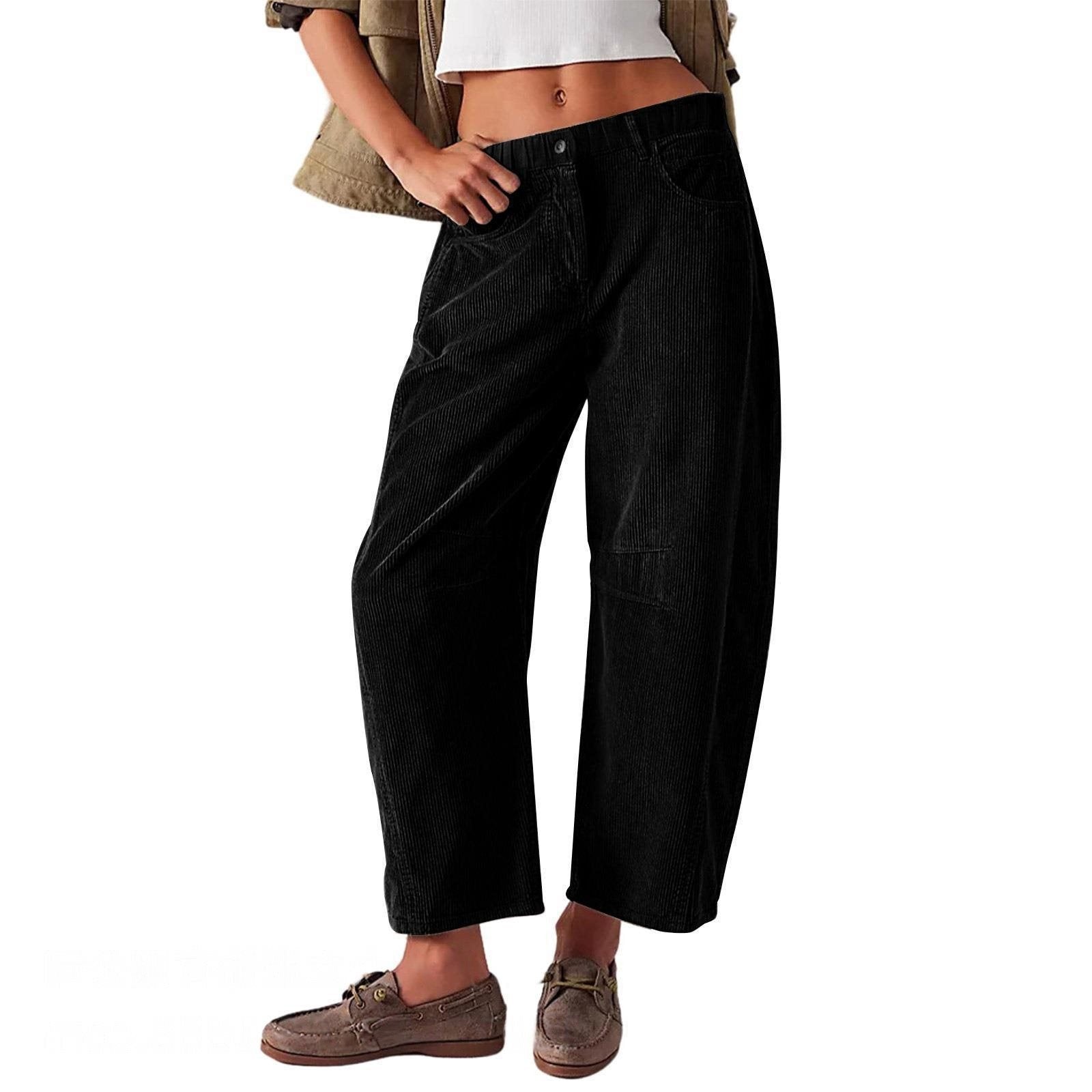Women Wide Cord Pants with High Waist, Cropped Leg and Side Pockets Chichicherry
