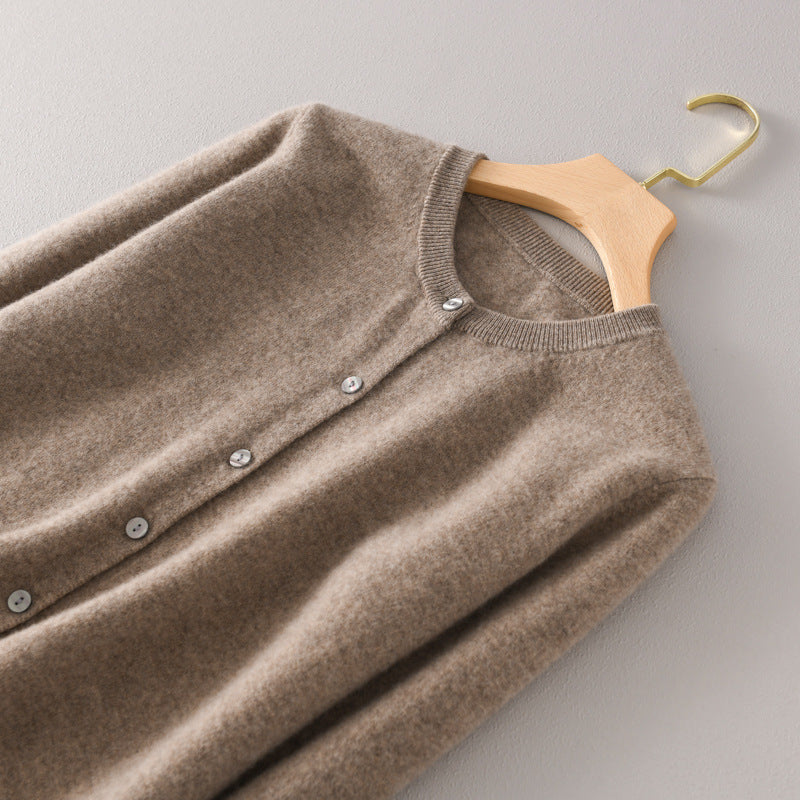 Women Light Round Neck Button Cardigan in Cashmere Optics with Fine Ribbed Edge and Casual Silhouette Chichicherry