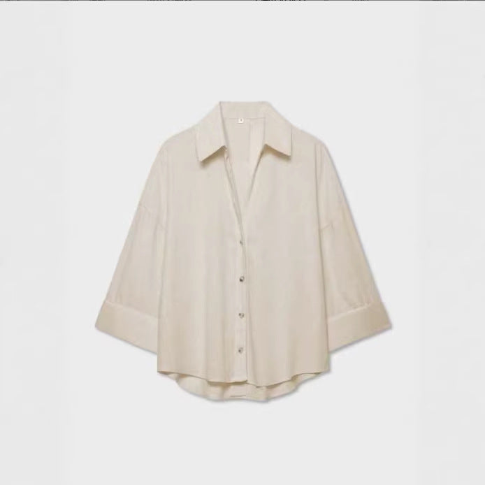 Women's Lightweight Oversized Linen Look Blouse with Three-Quarter Sleeves and Full Button Placket Chichicherry