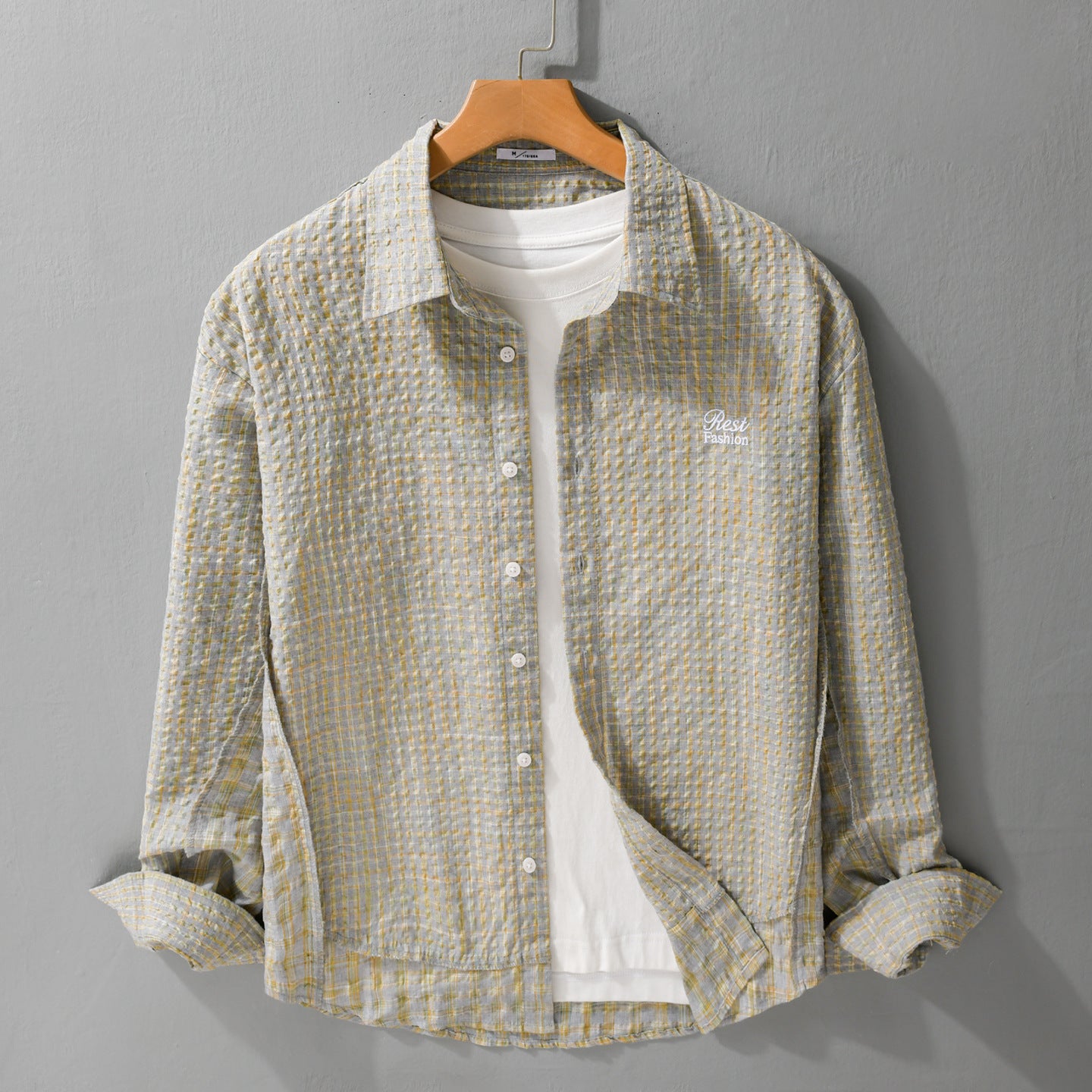 Women's Relaxed-Fit Crinkle Shirt Jacket with fine Gingham weaving structure and subtle chest embroidery Chichicherry