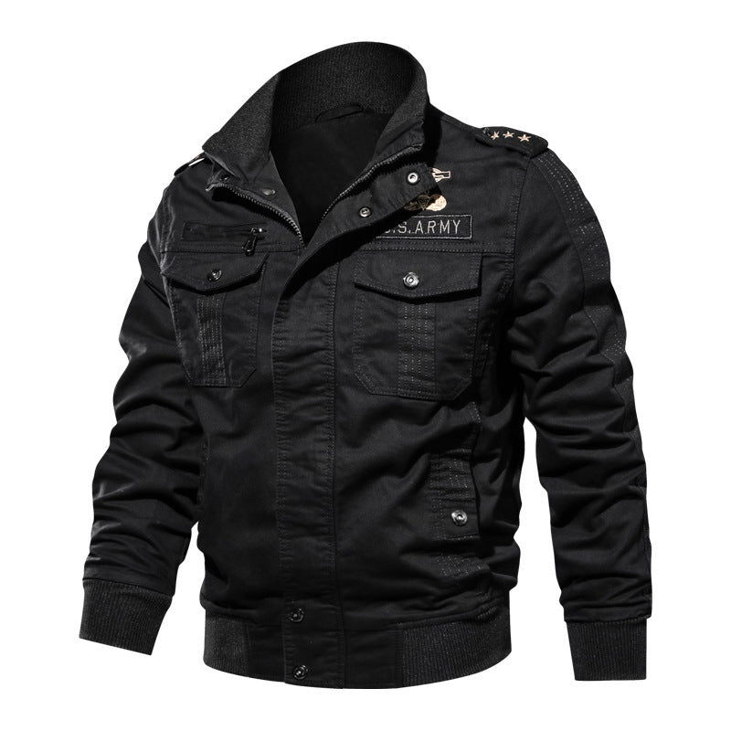 Men's field bomber jacket in military utility style with shoulder patches, ribbed cuffs, and patch chest pockets Chichicherry