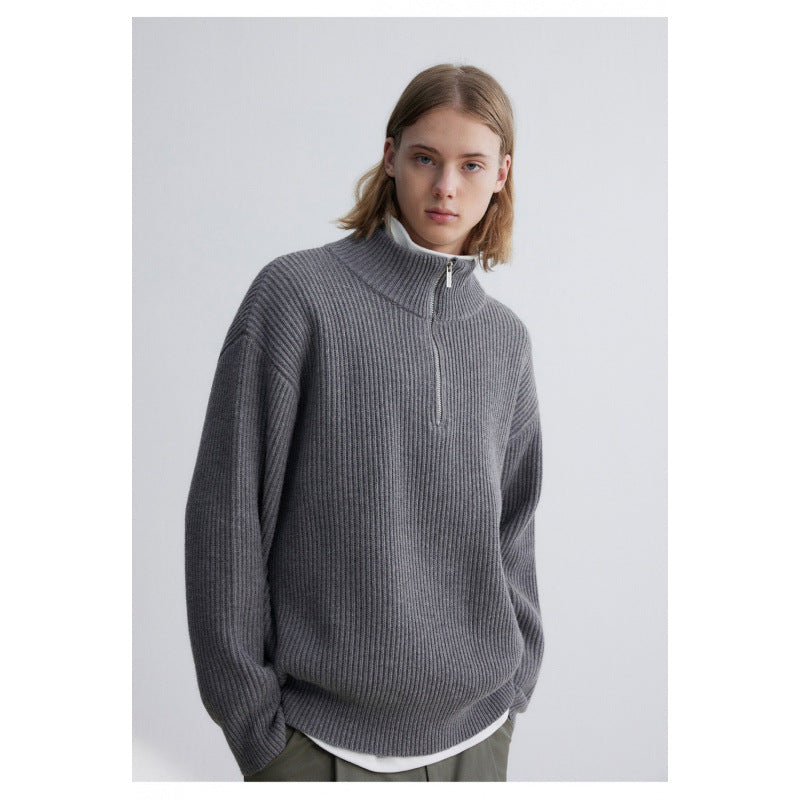 Herren Oversized-Rippenstrick Halbzip-Pullover mit Stehkragen Chichicherry