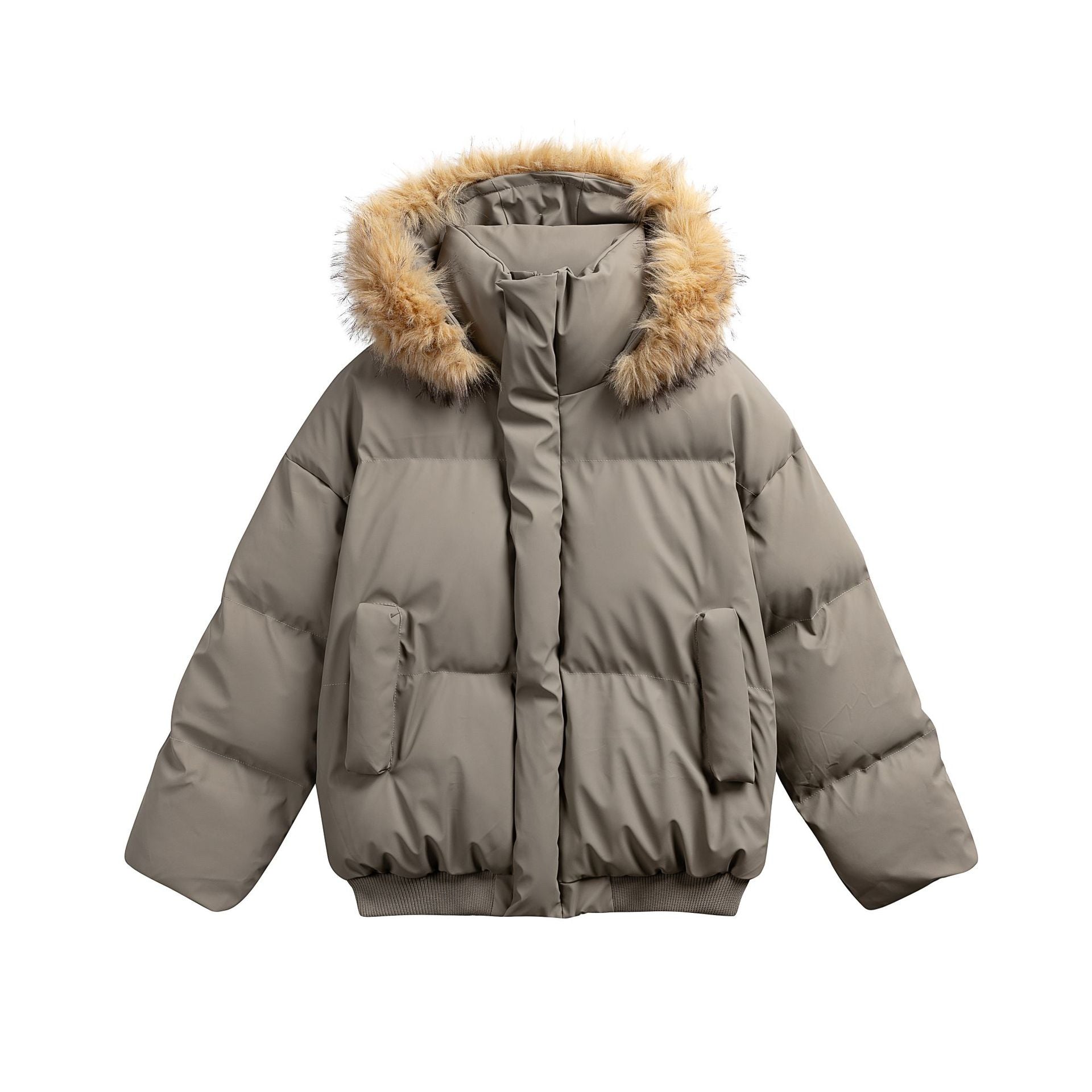 Women's Padded Short Quilted Jacket with Faux Fur Hood and Ribbed Hem Chichicherry