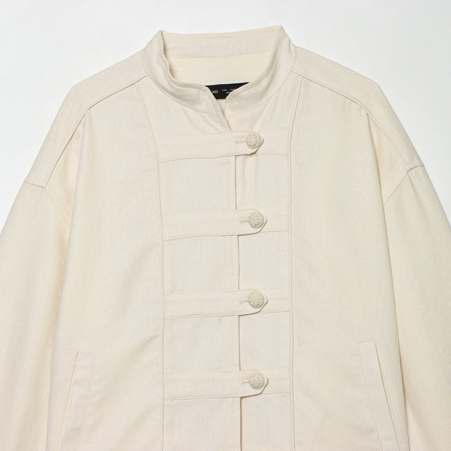 Women's Cropped Jacket with Stand-up Collar and Decorative Knot Buttons Chichicherry