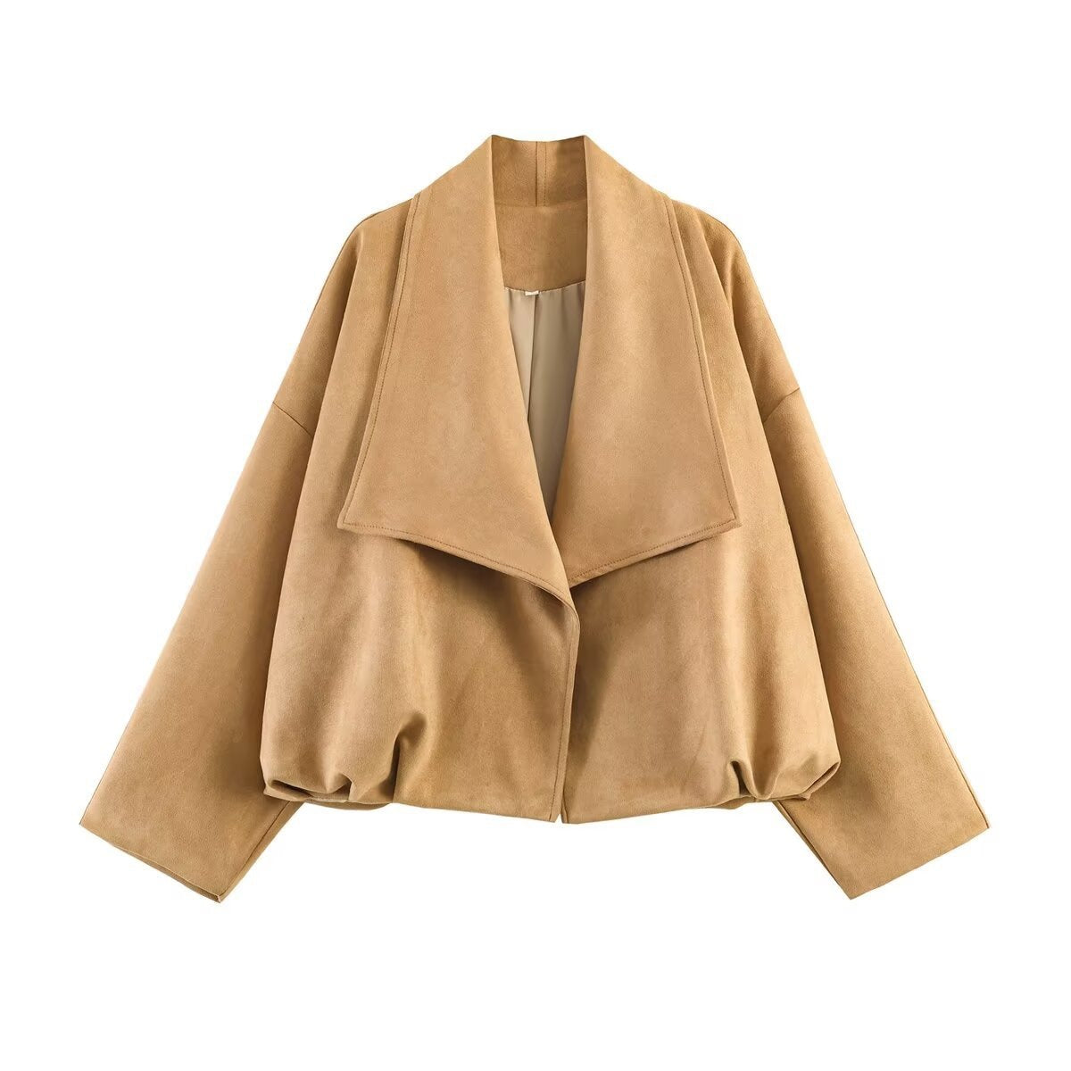 Women's Short Oversized Jacket made of Suede Fabric with Wide Shawl Collar, Raglan Sleeves, and Gathered Hem Chichicherry