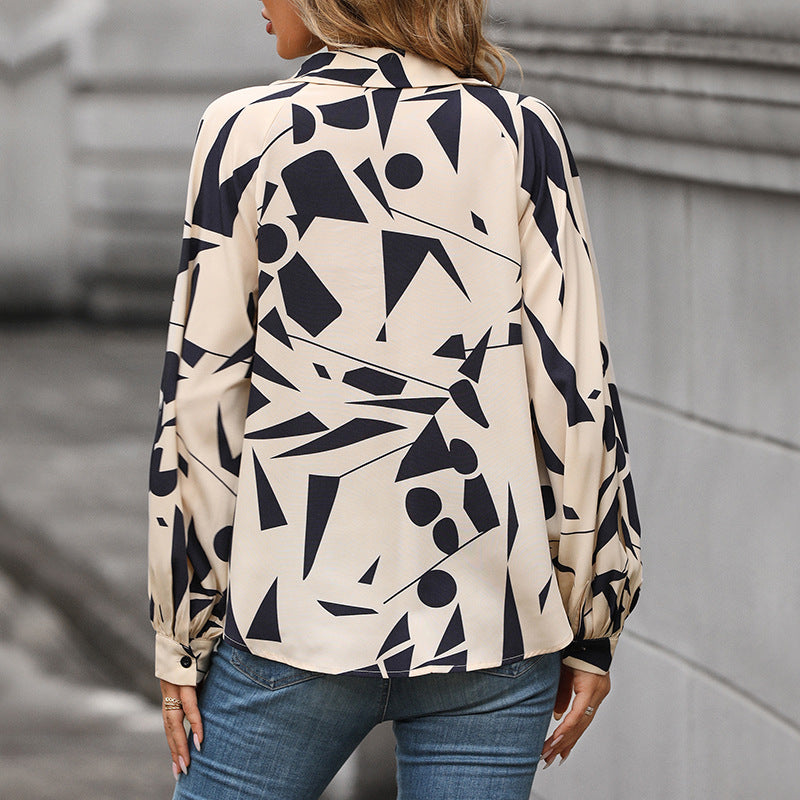 Women's viscose blouse with abstract graphic print, V-neck & balloon sleeves Chichicherry