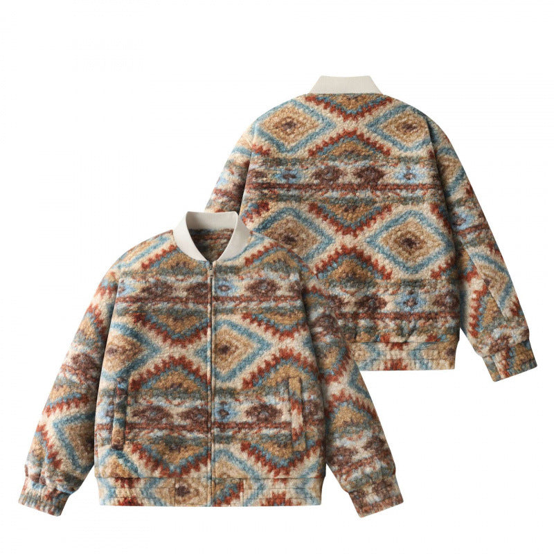 Unisex Boxy Fleece Bomber Jacket with Aztec Pattern and Zipper Chichicherry