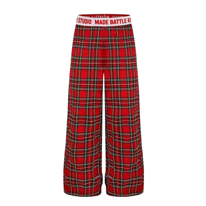 Ladies Wide Lounge Pants with Check Pattern and Elastic Logo Waistband Chichicherry