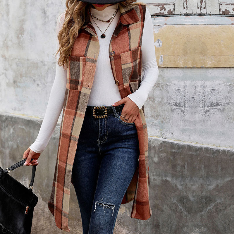 Women's Sleeveless Checked Long Vest with Shirt Collar and Button Placket Chichicherry