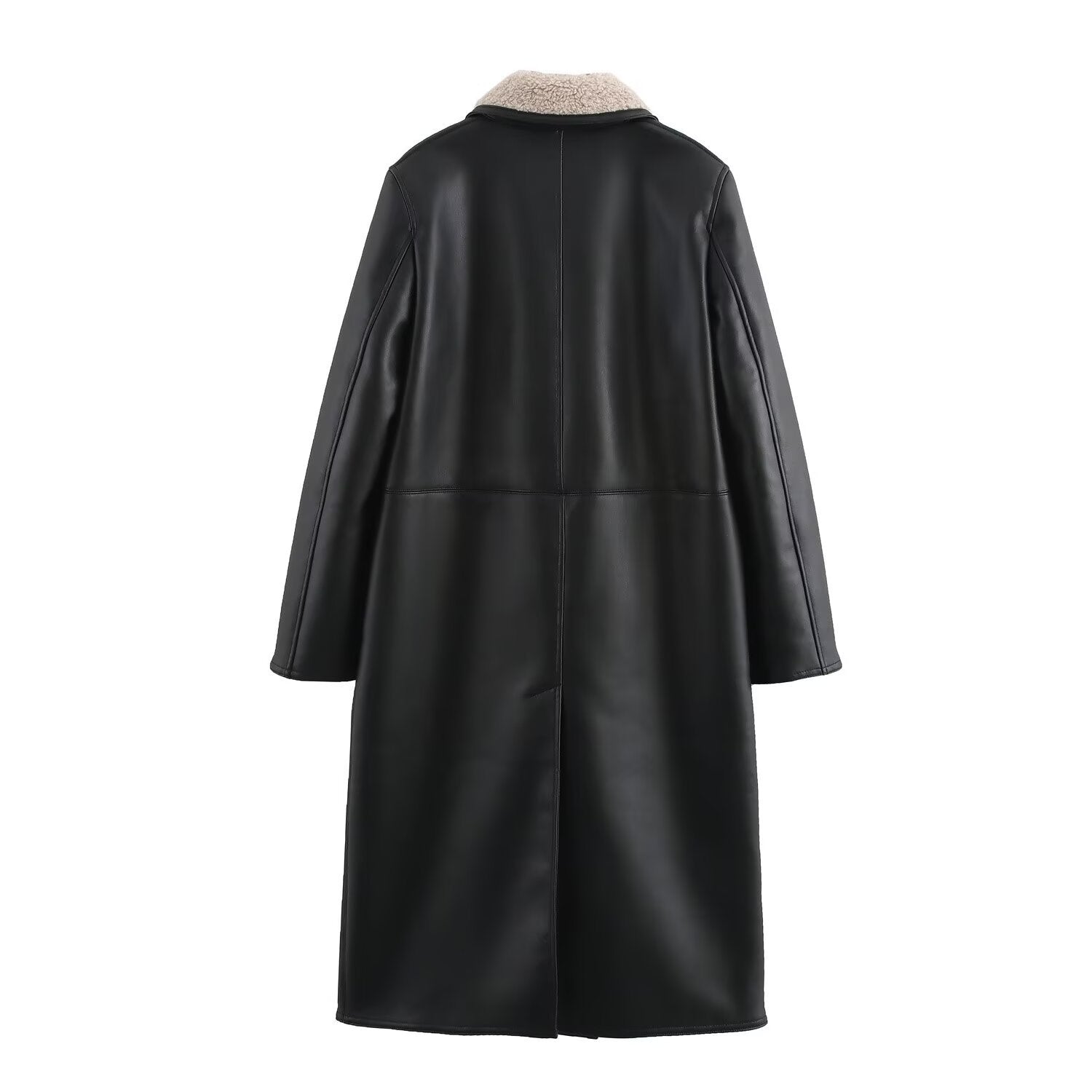 Women Faux Leather Coat with Teddy Lining and Double-Breasted Button Placket Chichicherry