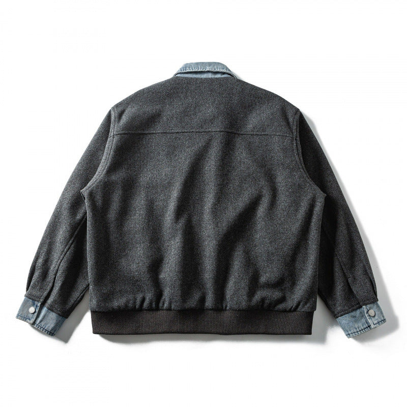 Men's short-cut wool blend bomber jacket with denim collar, concealed zipper, and flap pockets Chichicherry