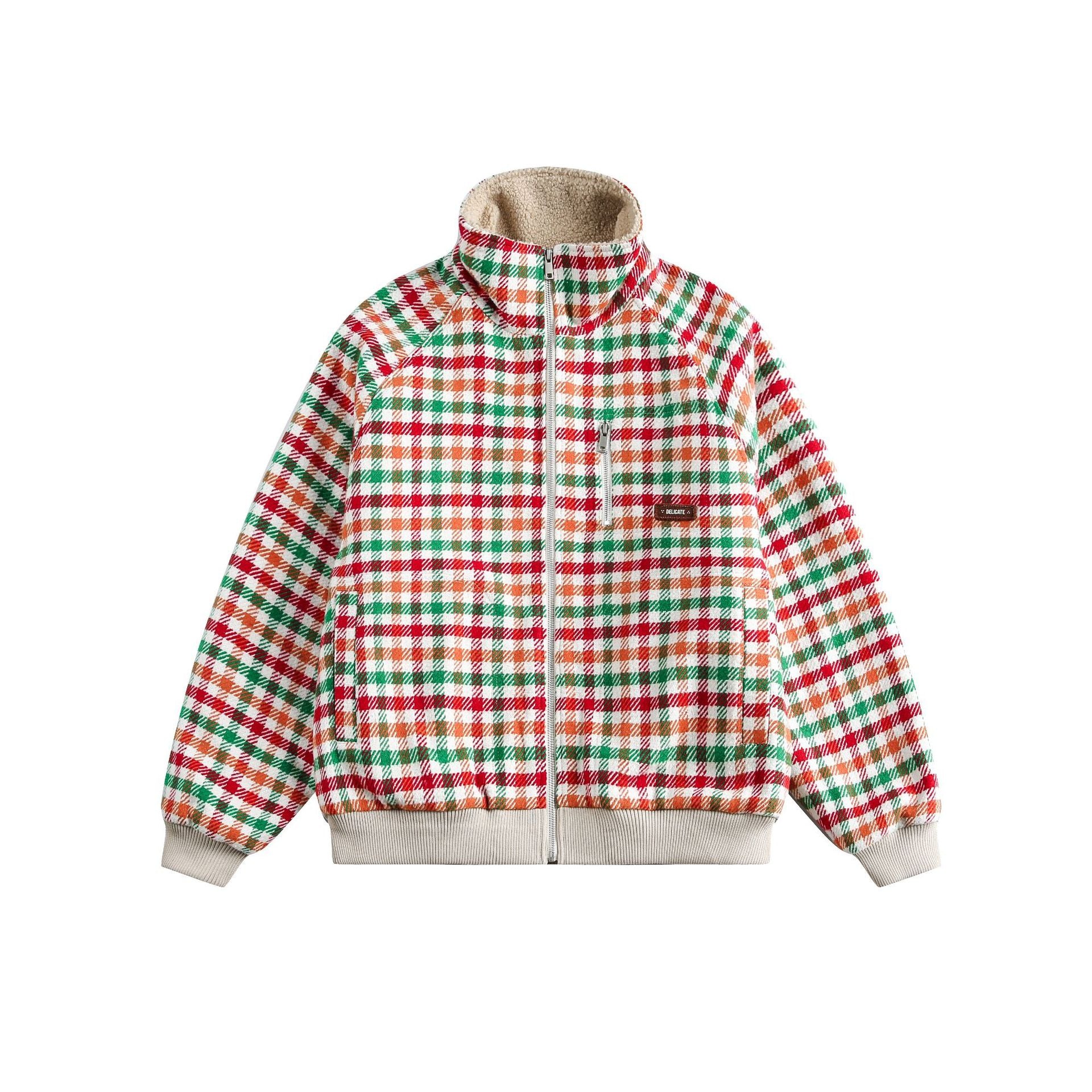 Women's Checkered Teddy Fleece Blouson in Boxy Cut with Stand Collar Chichicherry