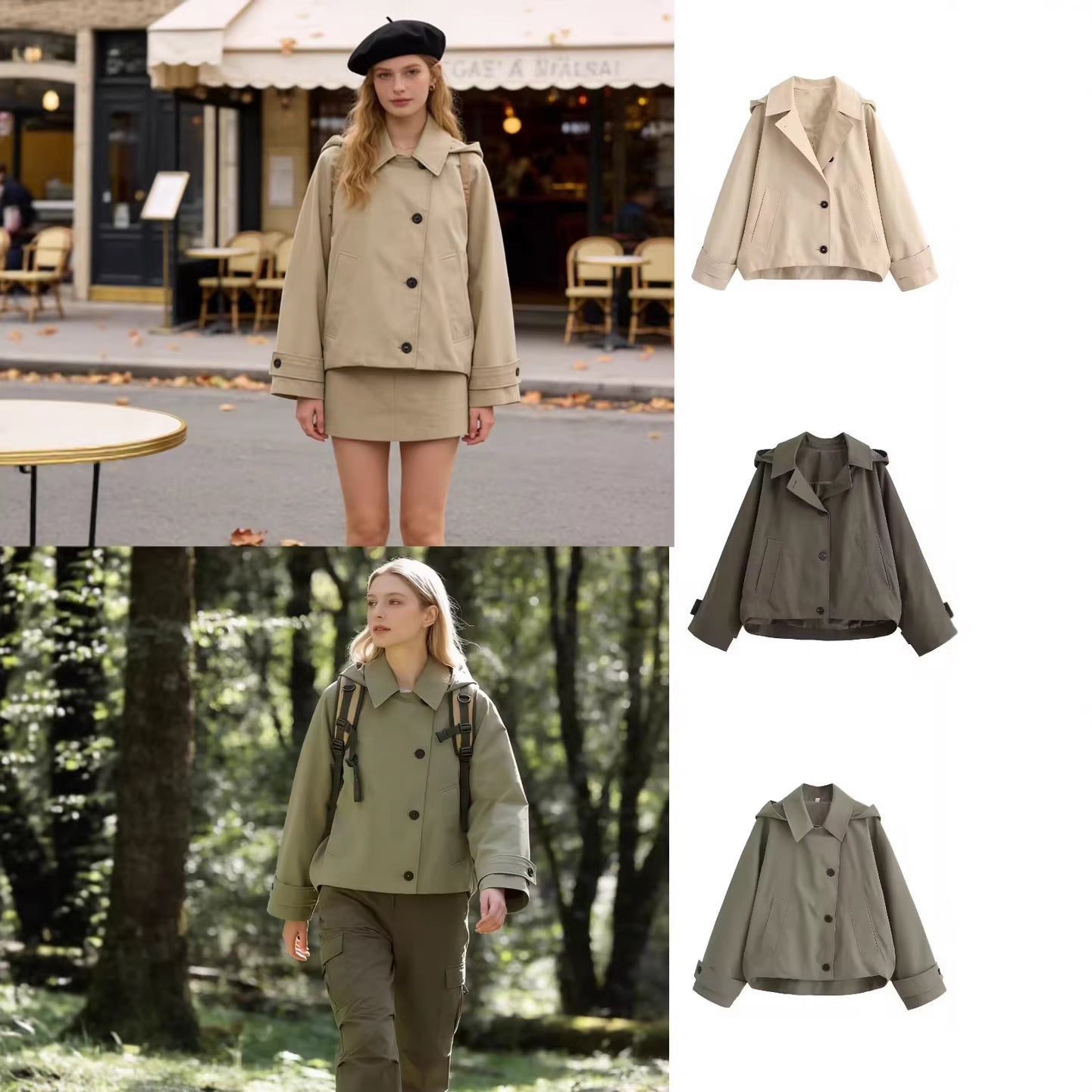 Ladies short trench coat in boxy cut with notch collar and piped patch pockets Chichicherry
