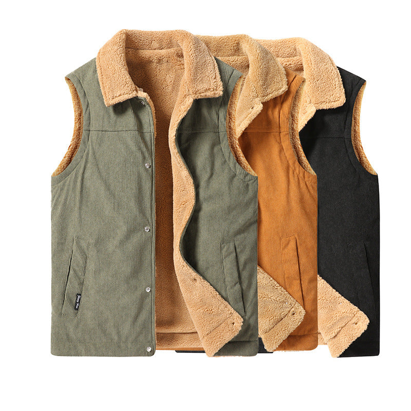 Men's Sleeveless Cord Utility Vest with Teddy Lining and Snap Button Front Chichicherry