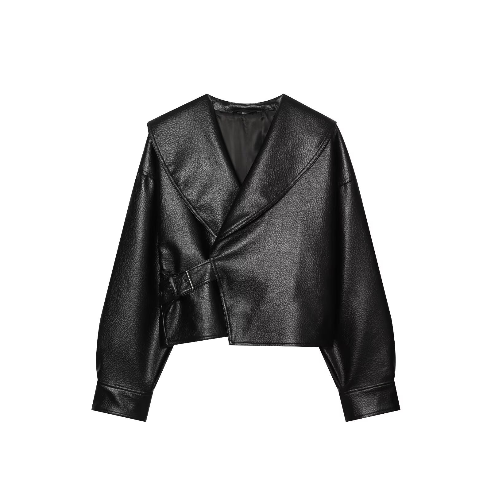 Women's Cropped Leather-Look Jacket with Oversized Shawl Collar and Tailoring Buckle Belt Chichicherry
