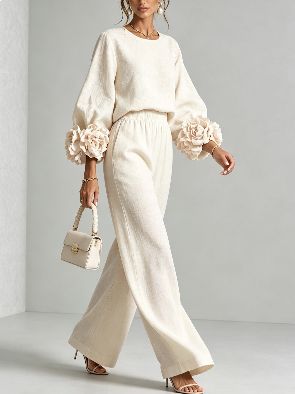 Ladies Two-Piece Ensemble with Balloon Sleeves and Floral Cuffs Chichicherry