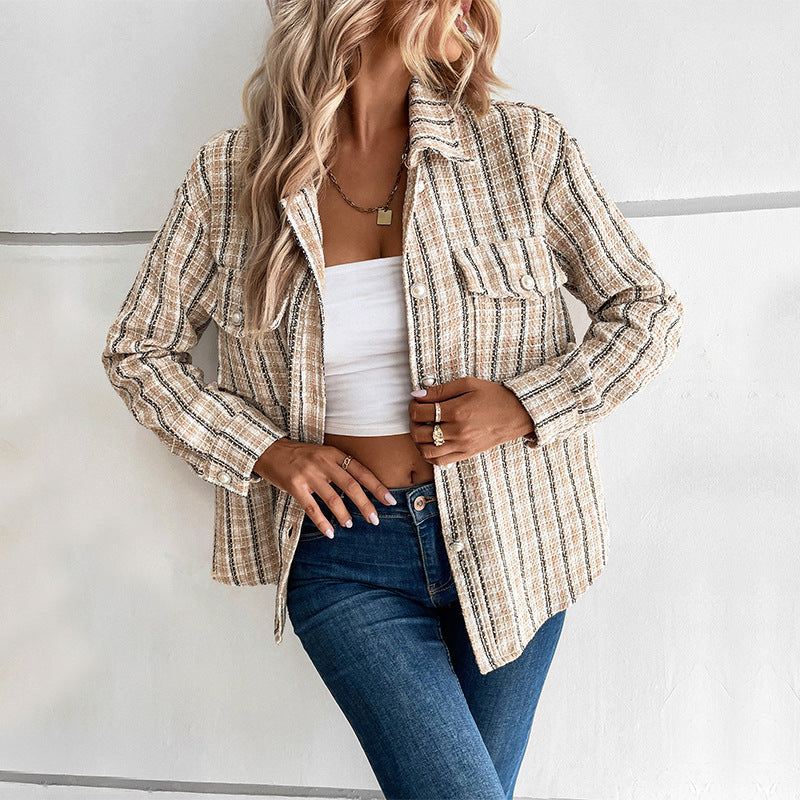 Women's Boucle-Tweed Overshirt with Chest Pockets and Full Button Placket Chichicherry