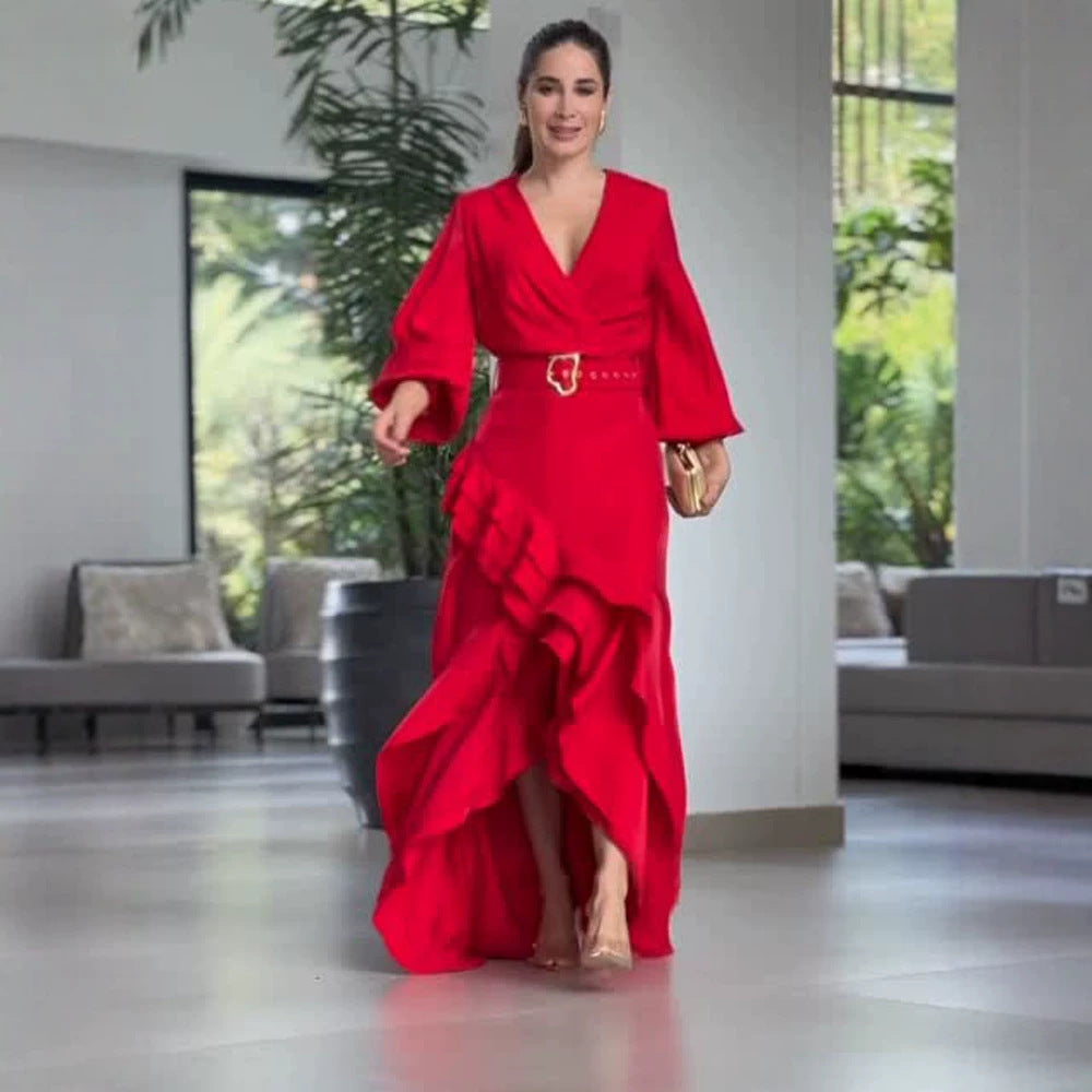 Women's Elegant Wrap Maxi Dress with Ruffles, Fitted Belt & Wide Bell Sleeves Chichicherry