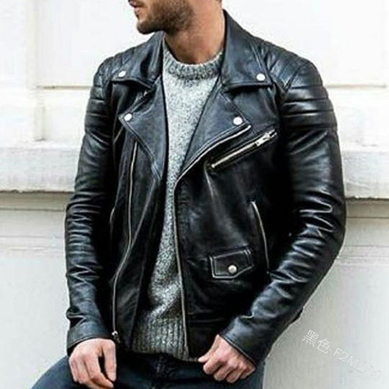 Men's Biker Leather Jacket with Asymmetrical Zipper and Quilted Shoulder Area Chichicherry