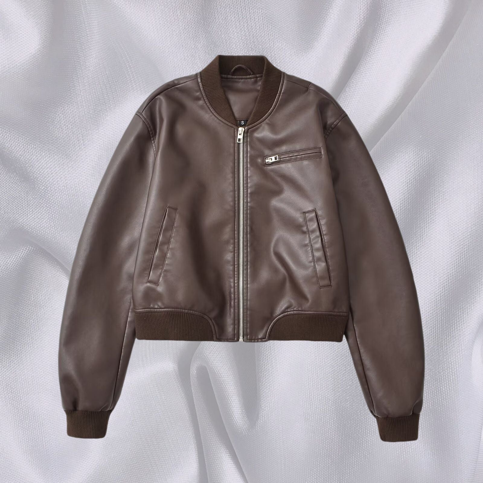 Women Short Leather Look Bomber Jacket with Ribbed Cuffs and Chest Zipper Pocket Chichicherry