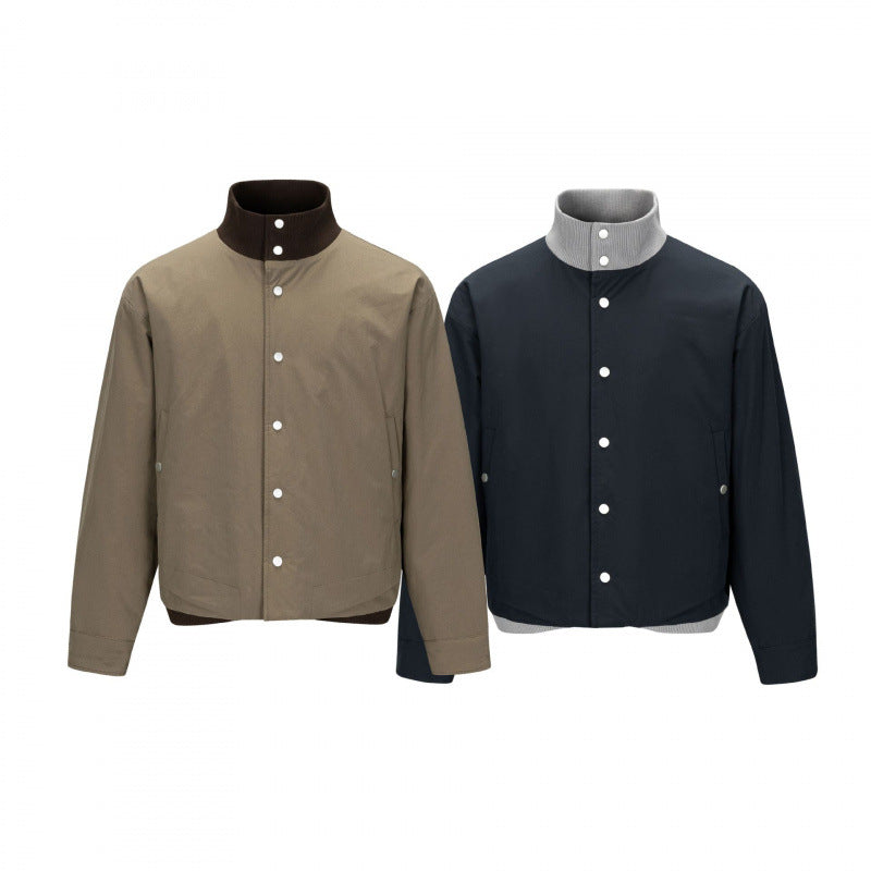 Men's short cut boxy bomber jacket with stand-up collar and snap button placket Chichicherry