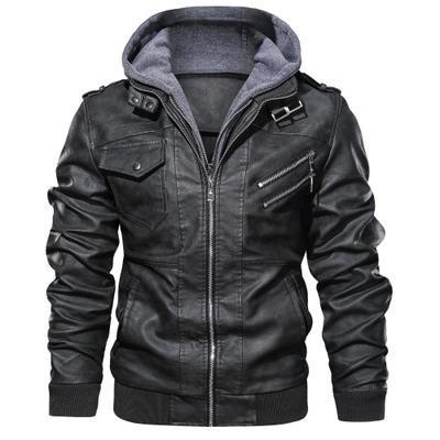 Men's faux leather flight jacket with integrated hood layer, zippered chest pocket, and ribbed cuffs Chichicherry