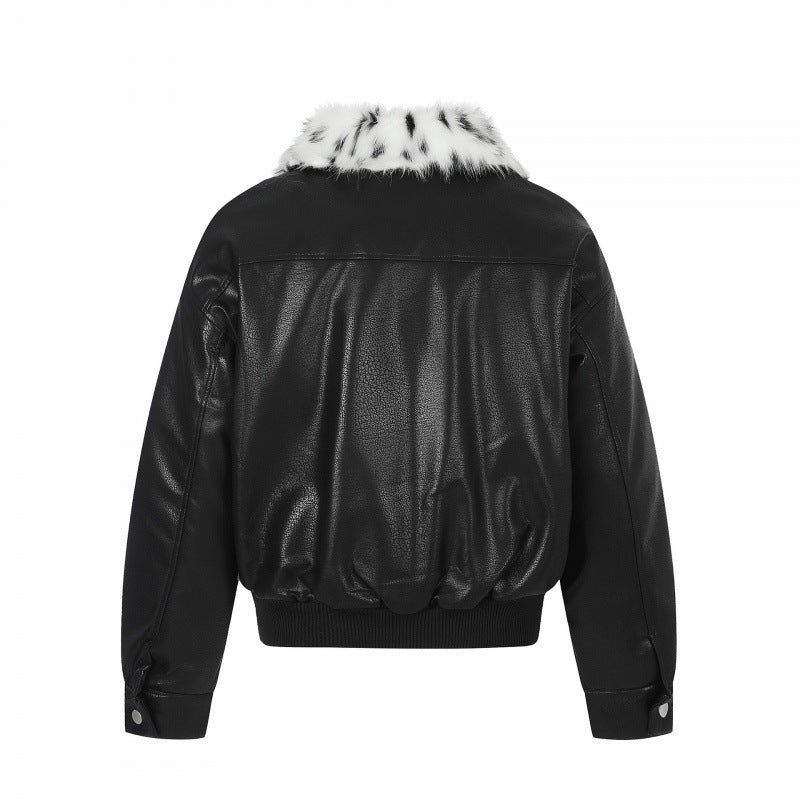Women's Boxy Faux Leather Bomber Jacket with Asymmetrical Zipper and Cozy Faux Fur Collar Chichicherry