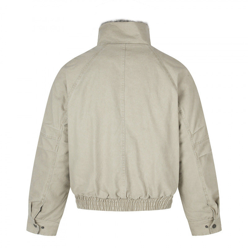 Women's Short Cut Corduroy Look Blouson Jacket with Faux Fur Lining and High Standing Collar Chichicherry