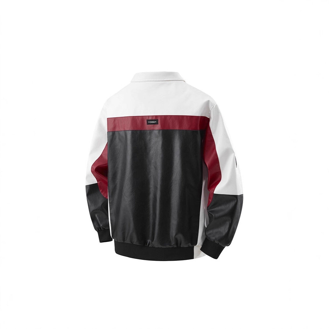 Men's Colorblock Faux Leather Bomber Jacket with Stand Collar and Double-Sided Zipper Chichicherry