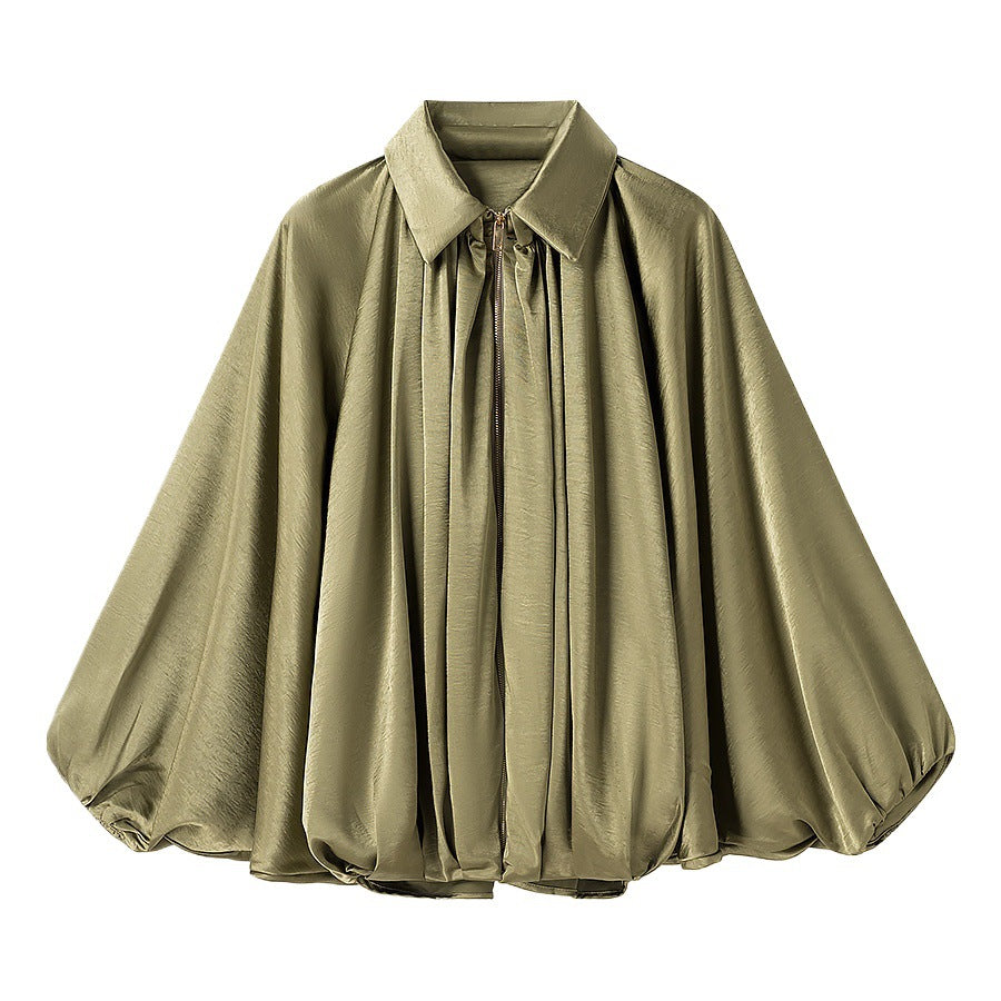 Women Silky-flowing Cape Blouse with Zipper, Balloon Sleeves, and Shirt Collar Chichicherry