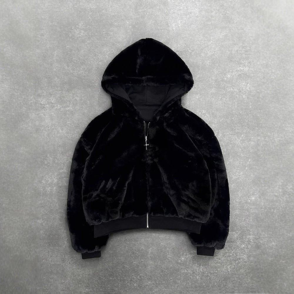 Unisex hooded sweatshirt jacket with faux fur lining, cropped cut and cross zipper Chichicherry