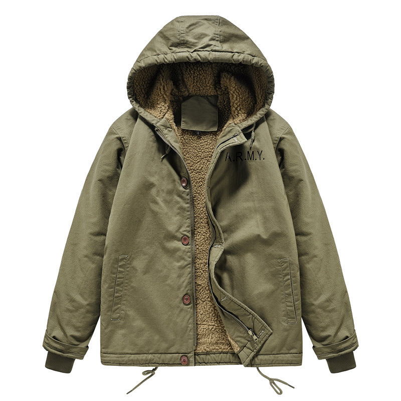 Men's padded hoodie in canvas look with Sherpa lining and Chichicherry military print