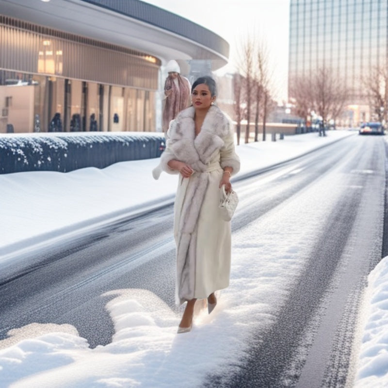 Women Tailored Maxi Coat with Faux Fur Shawl Collar and Tied Belt Chichicherry