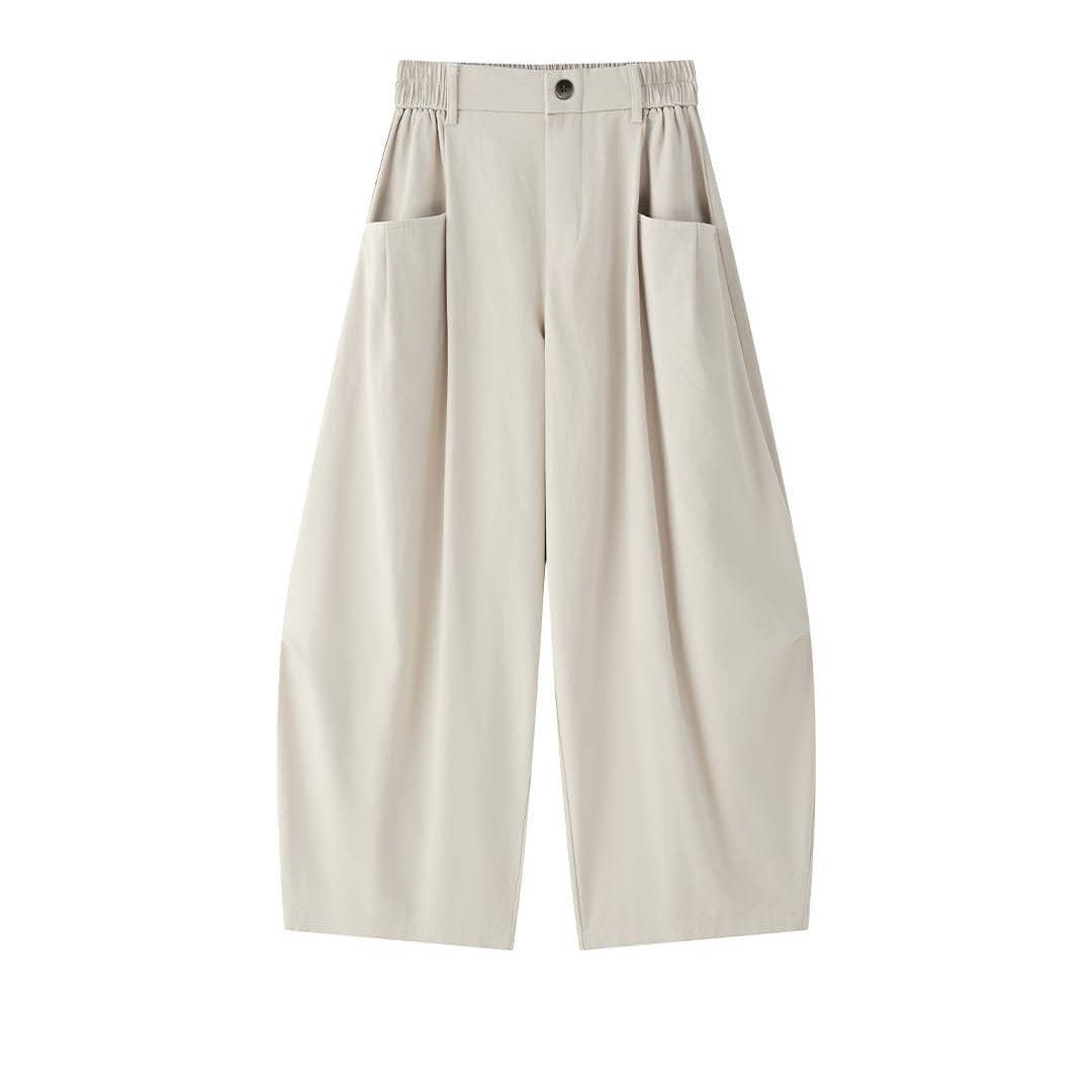 Women's wide corduroy trousers with high waist, patched pockets, and elastic hem Chichicherry