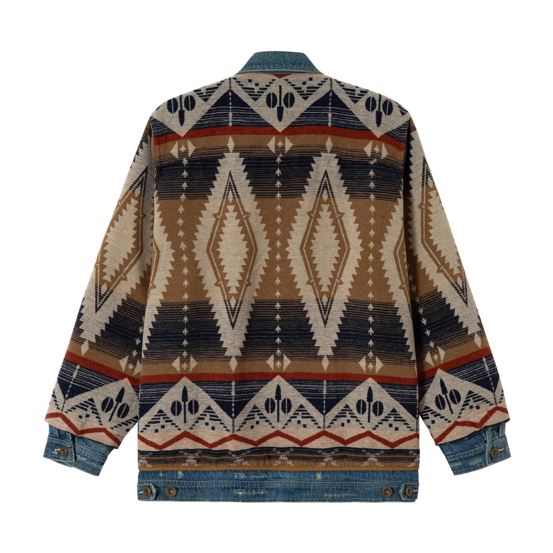 Unisex Short Woven Aztec Cardigan with Denim Trim Chichicherry