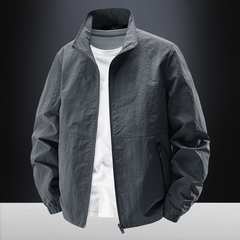 Men's minimalist functional jacket with stand-up collar, breathable mesh lining, and water-repellent zippers Chichicherry
