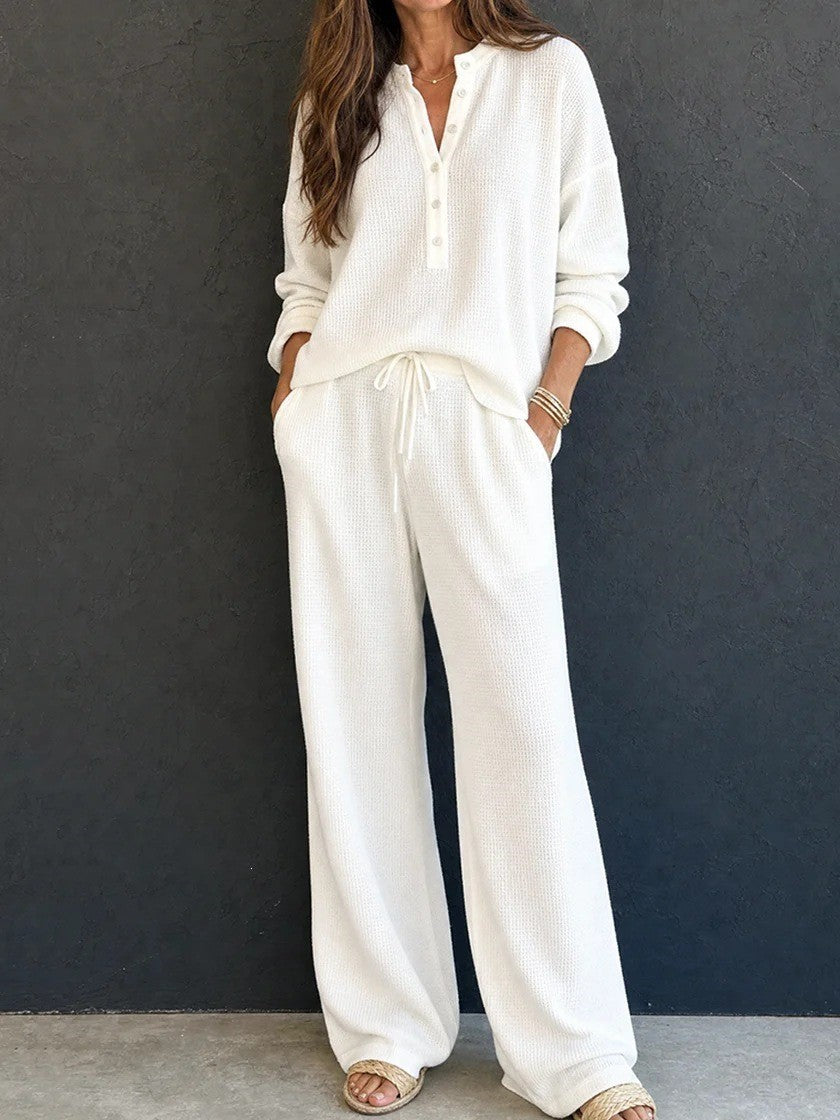 Damen Waffelstrick-Loungewear-Set mit Henley-Oberteil, Kordelbund und weiter Palazzo-Hose Chichicherry