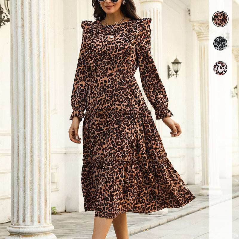 Women's midi tiered dress with leopard print, ruffle details and tailored silhouette Chichicherry