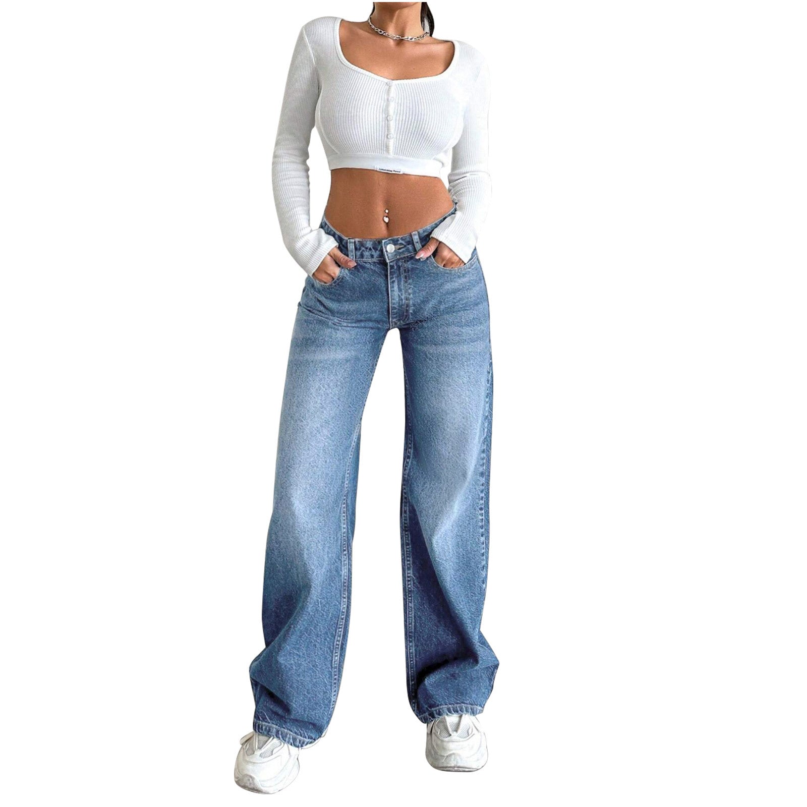 Women High-Waist Wide-Jeans with Paperbag Waist Chichicherry