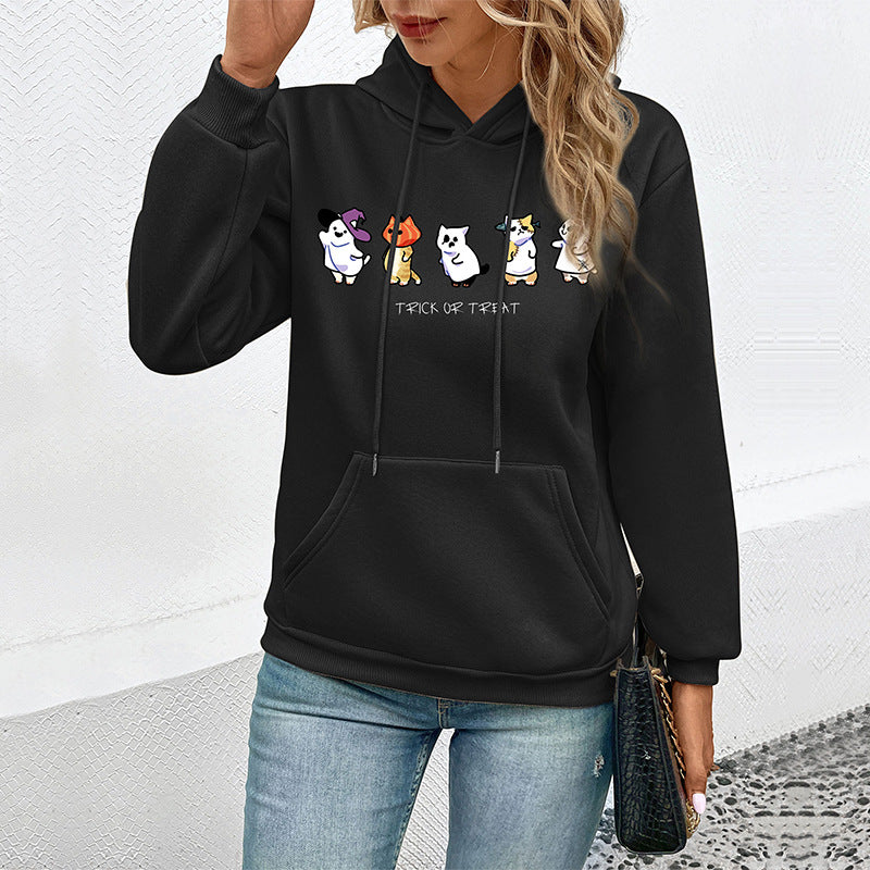 Women's hoodie with cartoon cat motif, kangaroo pocket and soft lining Chichicherry