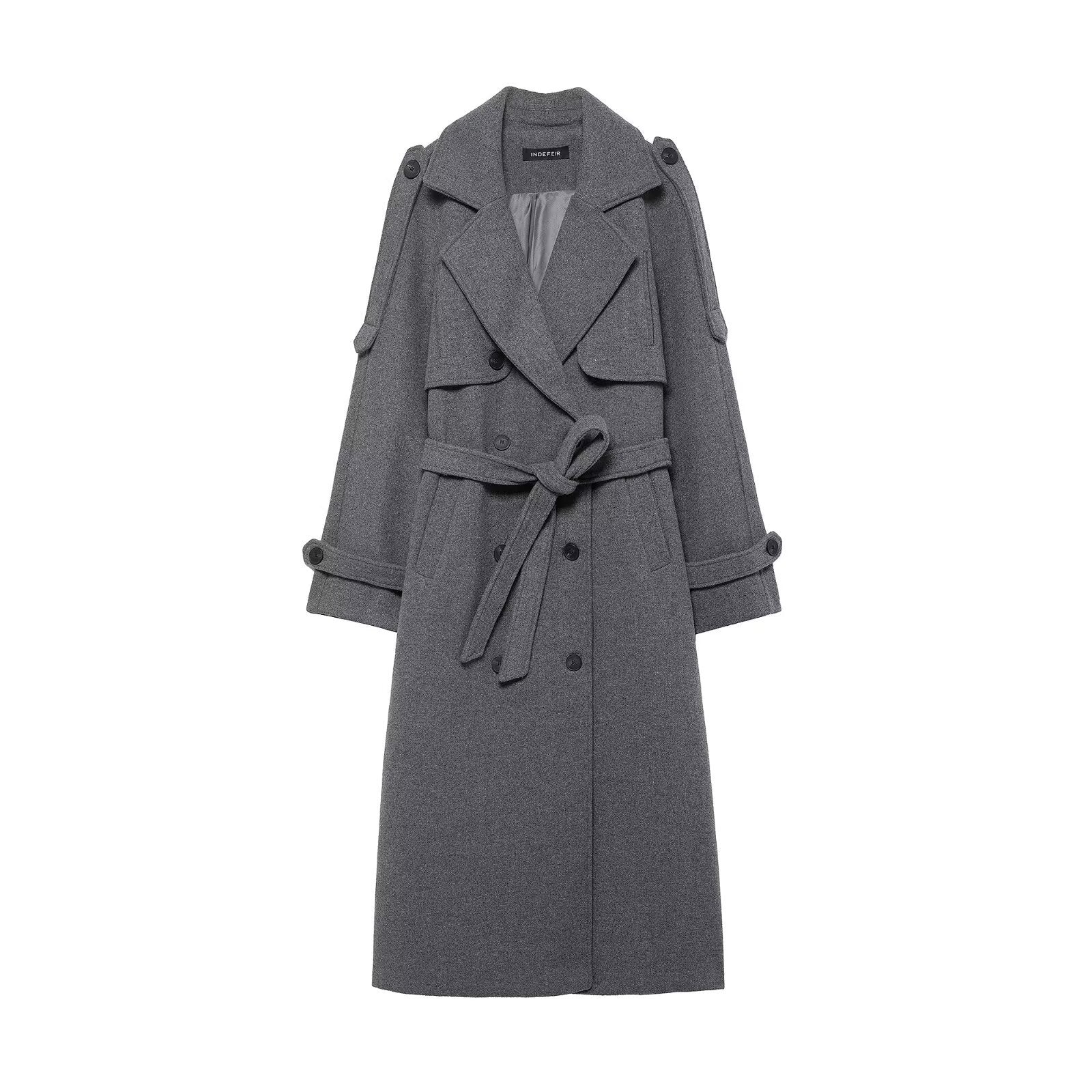Women's long double-breasted wool coat with belted waist and shoulder flaps Chichicherry