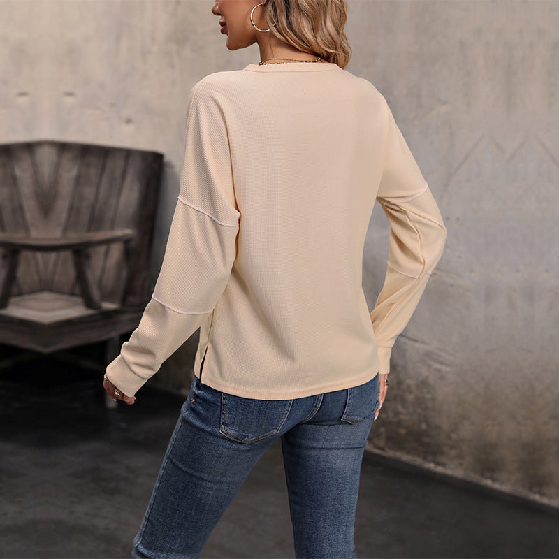 Women's long-sleeve waffle knit Henley shirt with button placket and relaxed fit Chichicherry