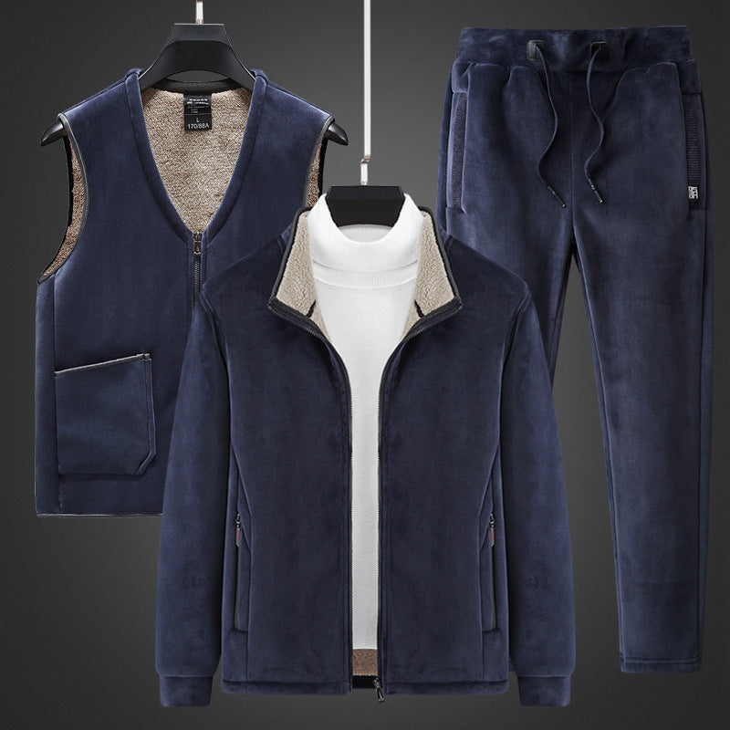 Men's warming fleece three-piece set with zip jacket, teddy vest, and joggers Chichicherry