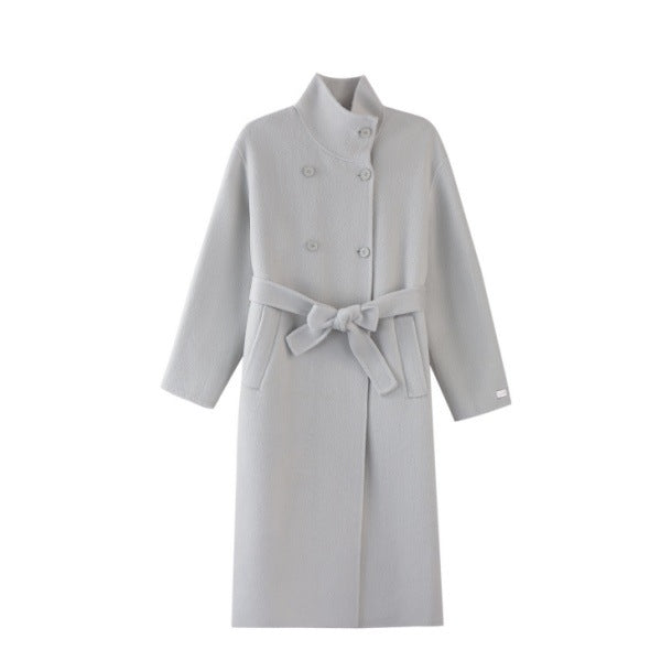 Women’s wool coat with double-breasted button placket, waist belt, and stand-up collar Chichicherry