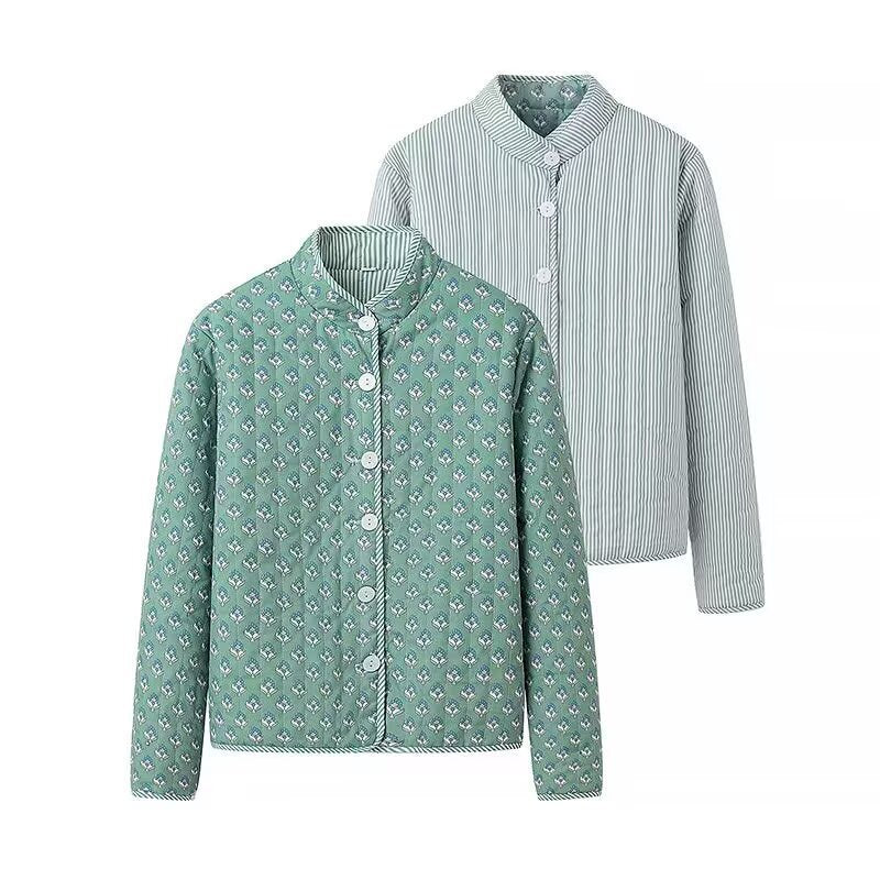 Ladies Lightweight Cotton Blouse with Standing Collar, Full Button Placket and Allover Print Chichicherry