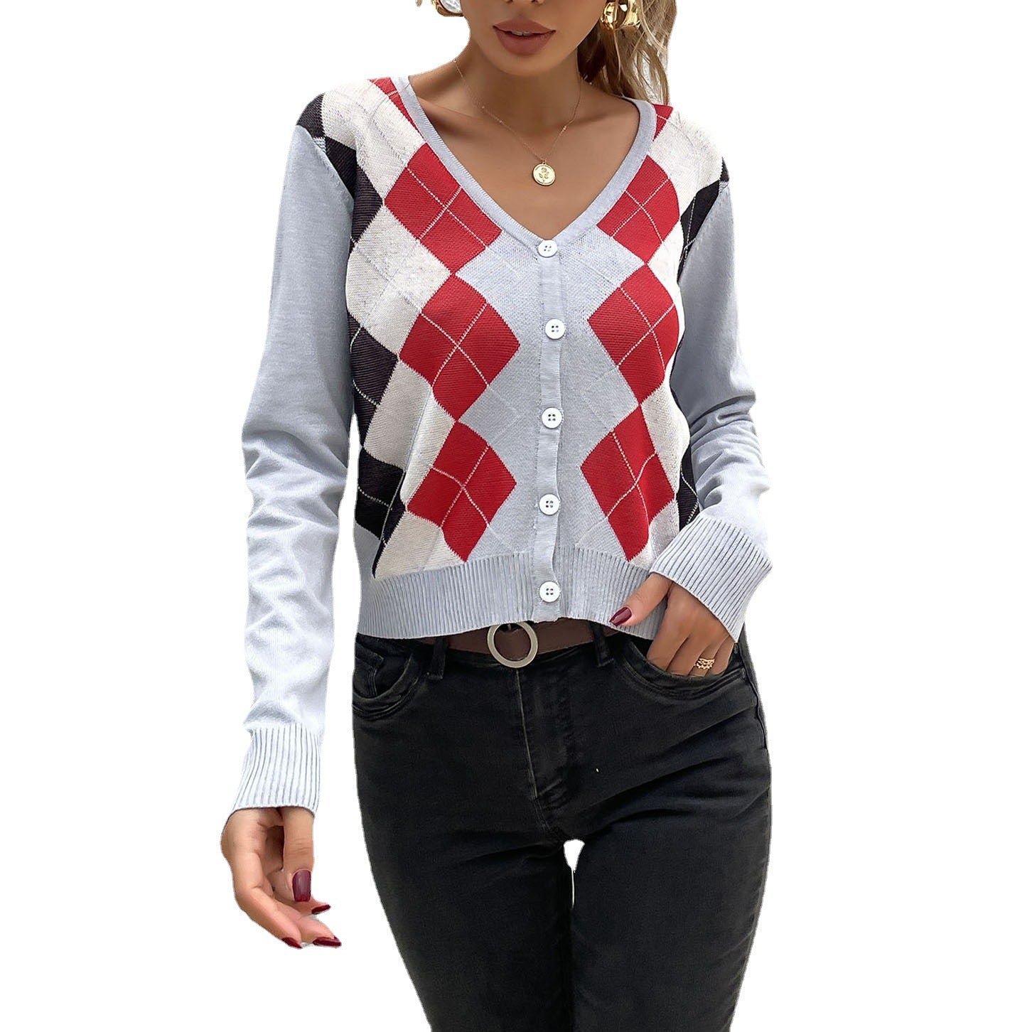 Ladies' Argyle Cardigan with deep V-neck, fine fine knit and button placket Chichicherry